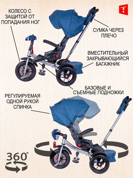 TechTeam Велосипед-коляска трехколесный с ручкой Luxury 2025 серый, синий, фото 2