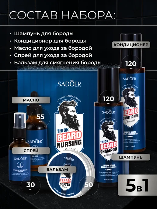 SADOER Подарочный набор средств для ухода за бородой и усами, синий, фото 3