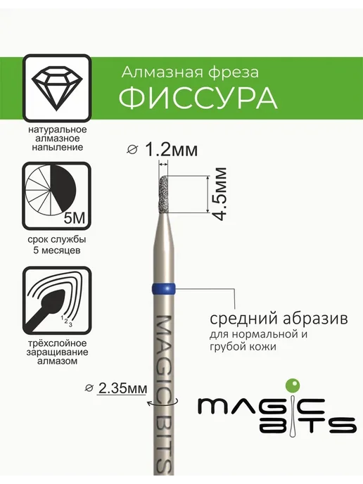 Magic Bits Фреза для маникюра Фиссура 1,2 мм Средняя, 1 2