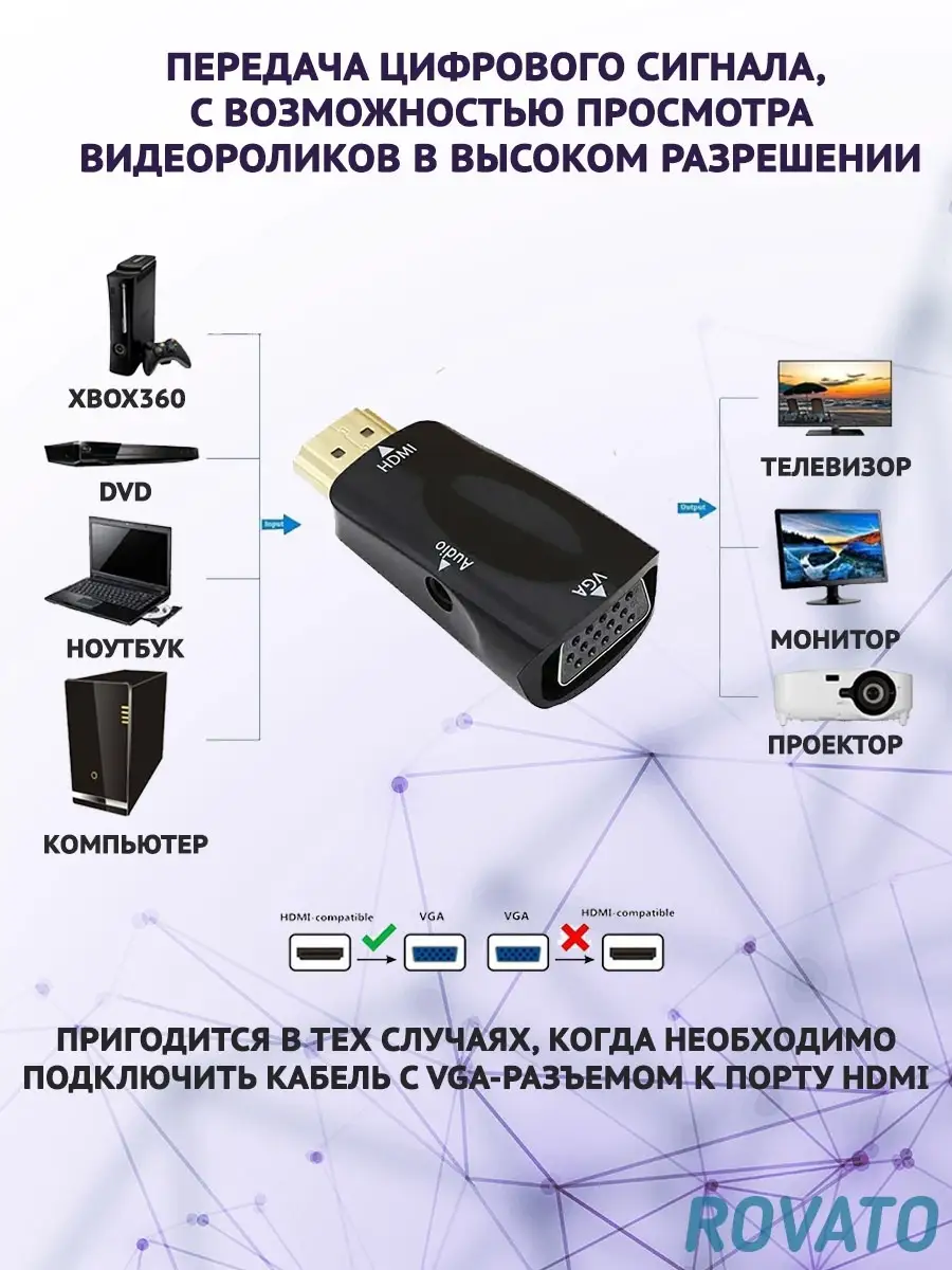 Переходник Rovato HDMI-VGA (адаптер) + audio (аудио aux) / Конвертер