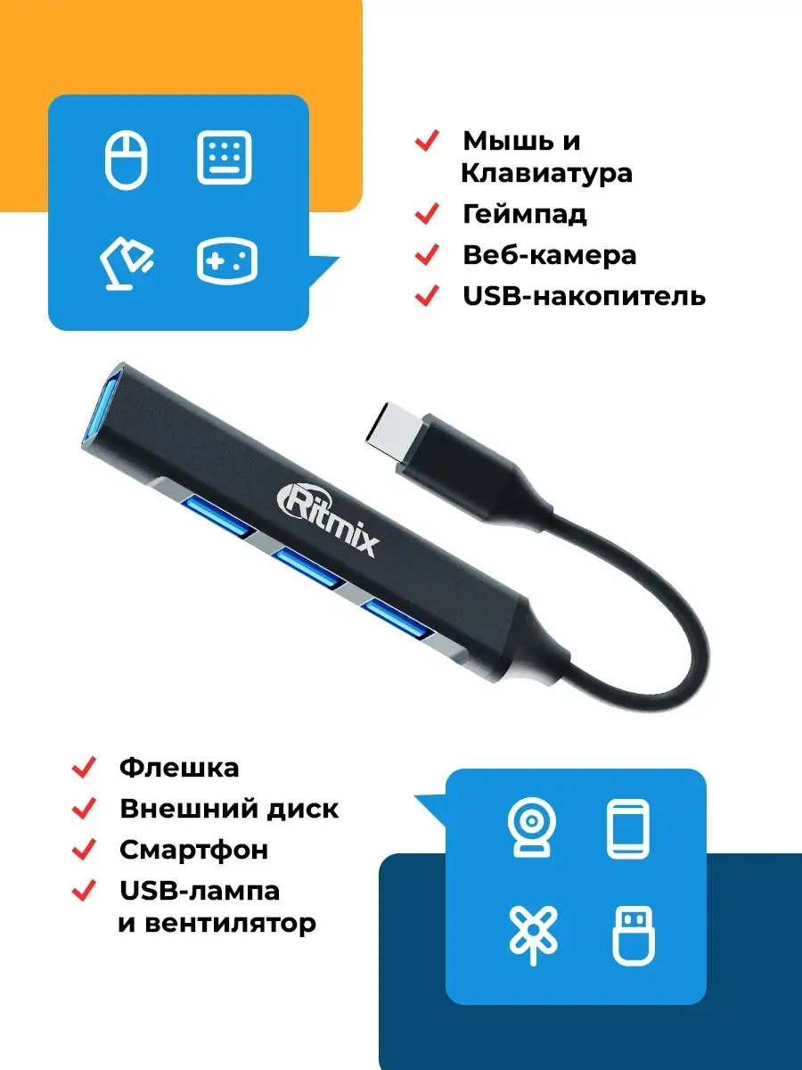 CR-4401 переходник USB type C разветвитель для телефона Ritmix 63407194  купить за 466 ₽ в интернет-магазине Wildberries