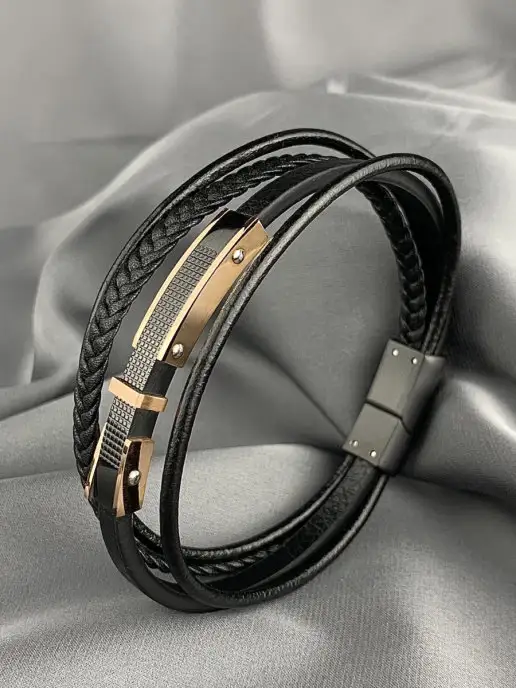 Кожаный браслет шнур со стальной вставкой