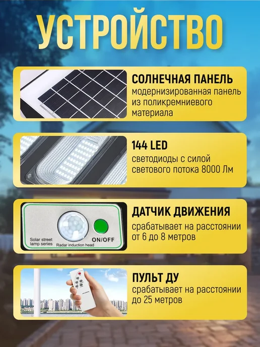 Sunlightfine Прожектор уличный на солнечной батарее 90 вт, 90 Вт, фото 8