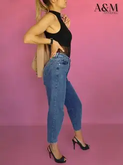 Джинсы мом с высокой посадкой A&M APPAREL. Цвет синий. Вид 3.