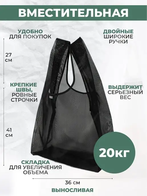 MOSHNA Сумка сетка хозяйственная, шоппер прозрачный, авоська, черный, фото 2