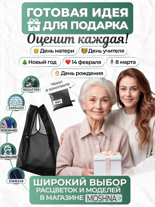 MOSHNA Сумка сетка хозяйственная, шоппер прозрачный, авоська, черный, фото 3