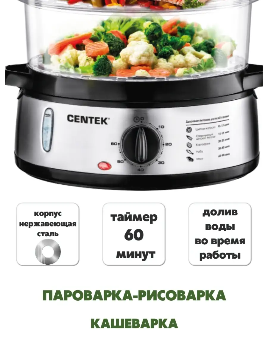 Электрическая пароварка CT-1457. 3 яруса. 9 литров CENTEK 64375476 купить  за 3 568 ₽ в интернет-магазине Wildberries