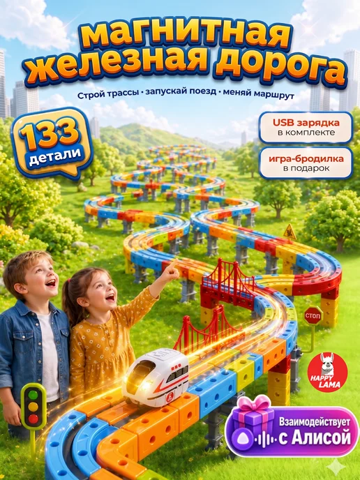 HAPPY LAMA Железная дорога с электропоездом магнитная конструктор, зеленый