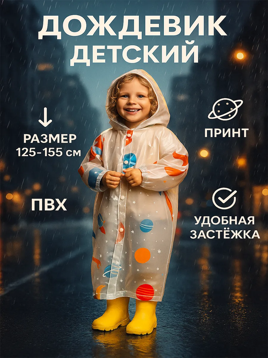Дождевик детский с капюшоном 122-155 см