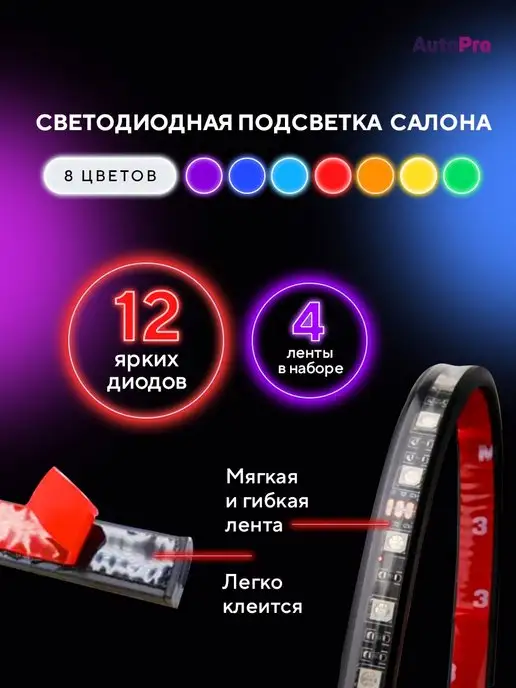 AutoPro Светодиодная подсветка в машину RGB лента, вариант, фото 2