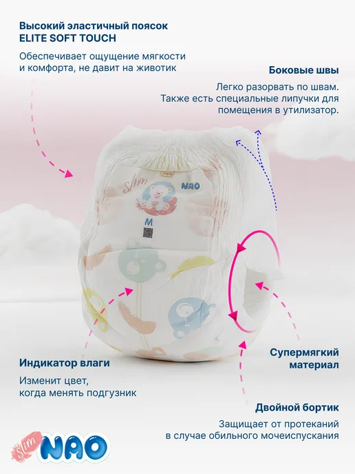 Nao Трусики подгузники ультратонкие 3 размер M 5-10 кг 46 шт, 510 кг, 46 шт, фото 5