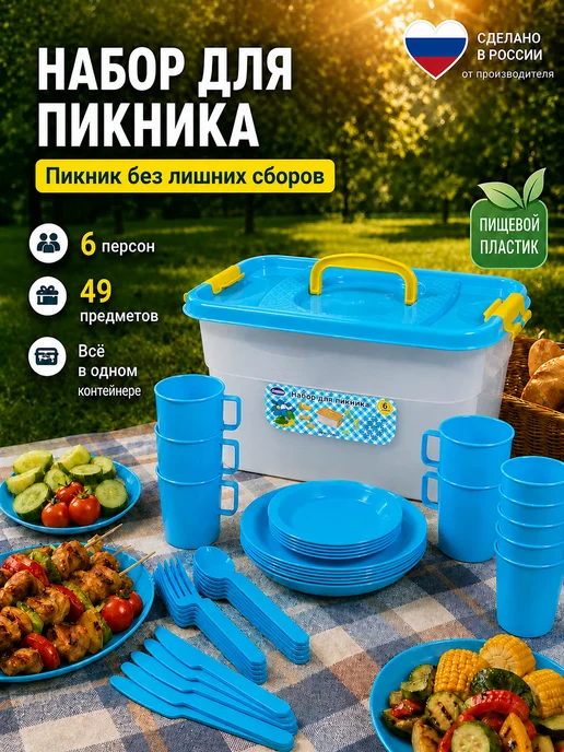 ИНТЕРМ Набор посуды для пикника на 6 персон, голубой