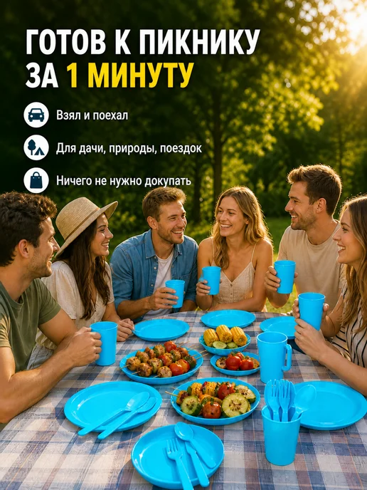 ИНТЕРМ Набор посуды для пикника на 6 персон, голубой, фото 2