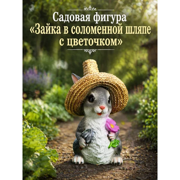 Фигура для сада «Зайка в соломенной шляпе с цветочком»