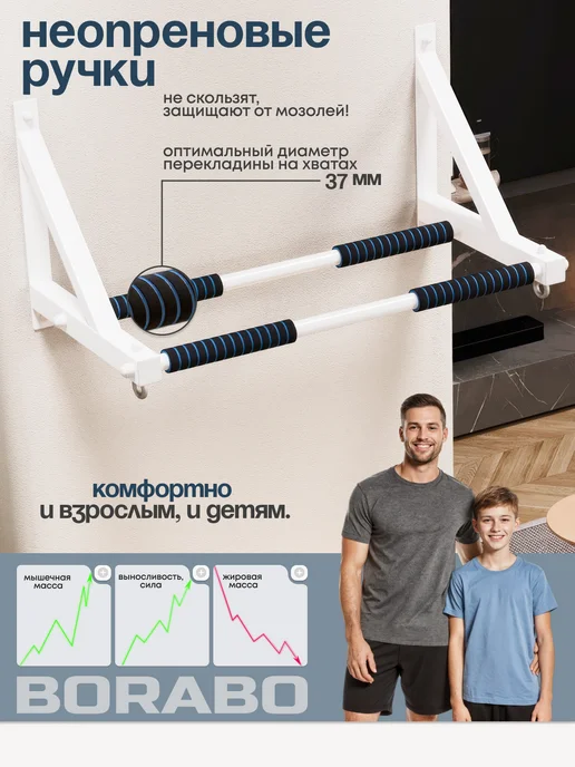 BORABO Турник настенный "Классик" COMFORT с двумя перекладинами, белый, фото 6
