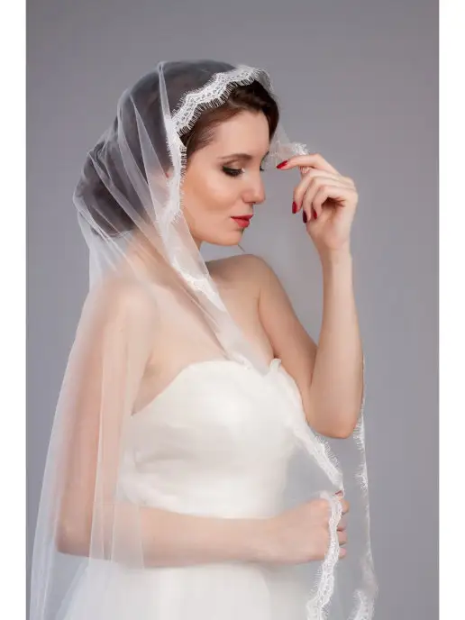 Romantic Wedding Фата невесты кружевная лёгкая по пояс к платью, белый, фото 3