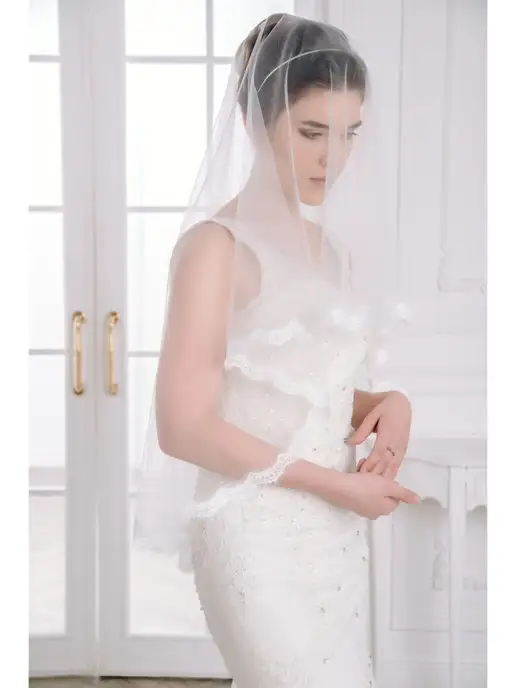 Romantic Wedding Фата невесты кружевная лёгкая по пояс к платью, белый, фото 4