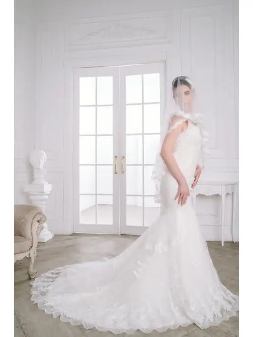 Romantic Wedding Фата невесты кружевная лёгкая по пояс к платью, белый, фото 5
