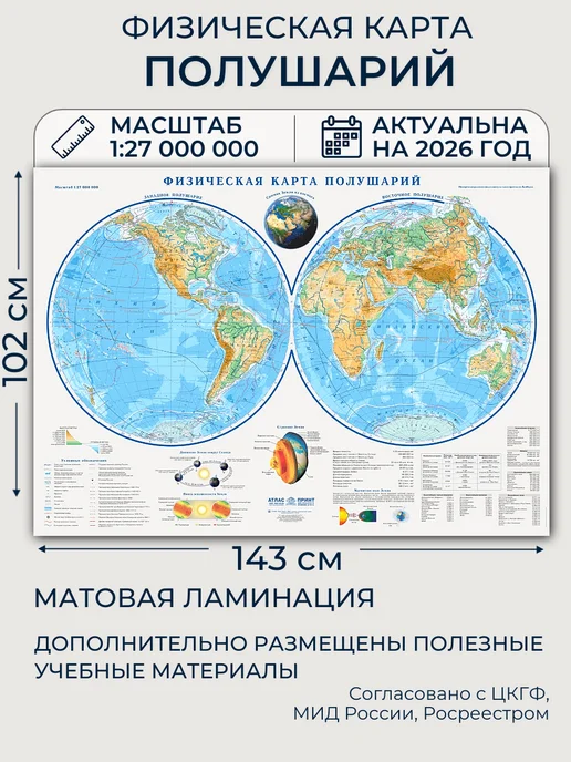 Атлас Принт Карта полушарий настенная большая физическая 143х102 см, 143x102 см