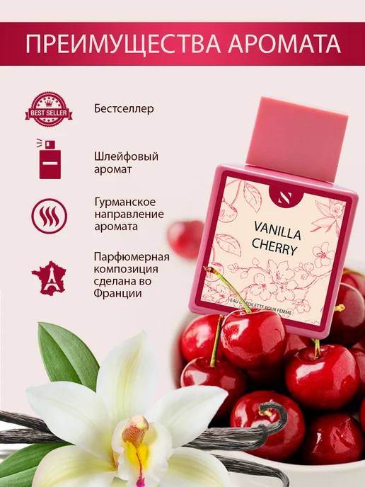 EUROLUXE Туалетная вода с запахом вишни сладкая Vanilla Cherry 50мл, 50 мл, фото 4