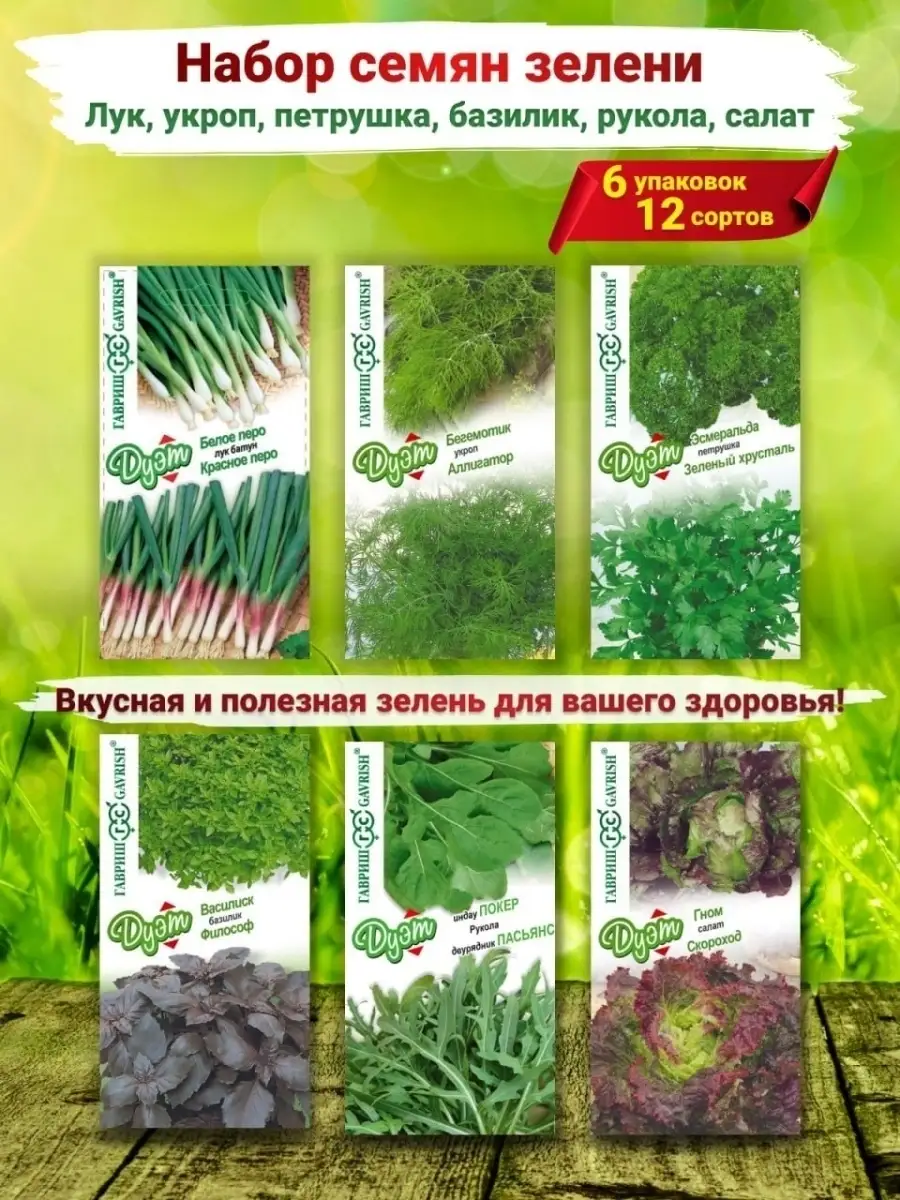 Набор семян зелени базилик, лук, укроп, салат