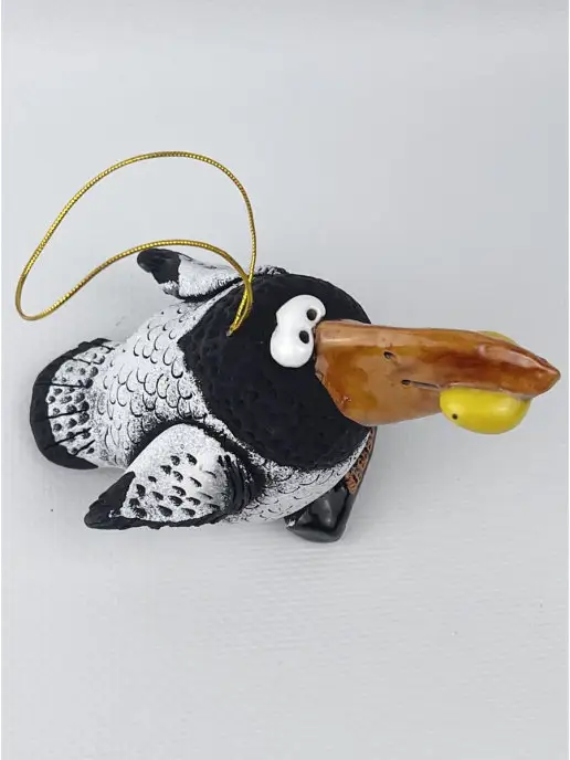 Ceramic Fauna Глиняный колокольчик ручной лепки Ворона, елочная игрушка, серый, фото 3