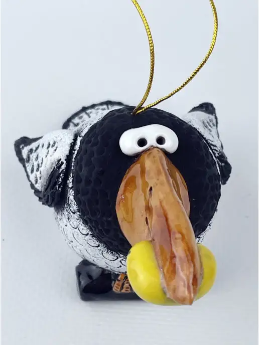 Ceramic Fauna Глиняный колокольчик ручной лепки Ворона, елочная игрушка, серый, фото 4