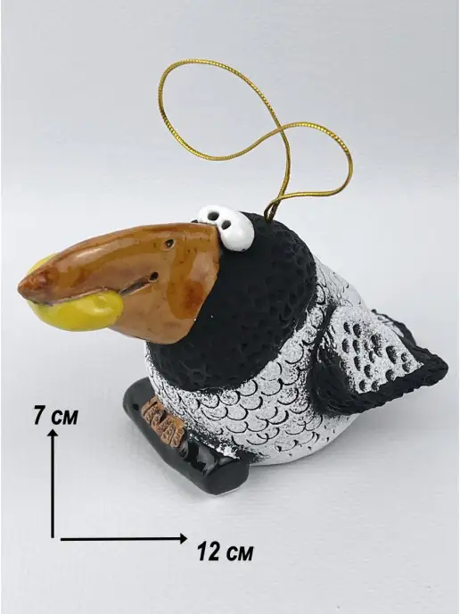 Ceramic Fauna Глиняный колокольчик ручной лепки Ворона, елочная игрушка, серый, фото 6