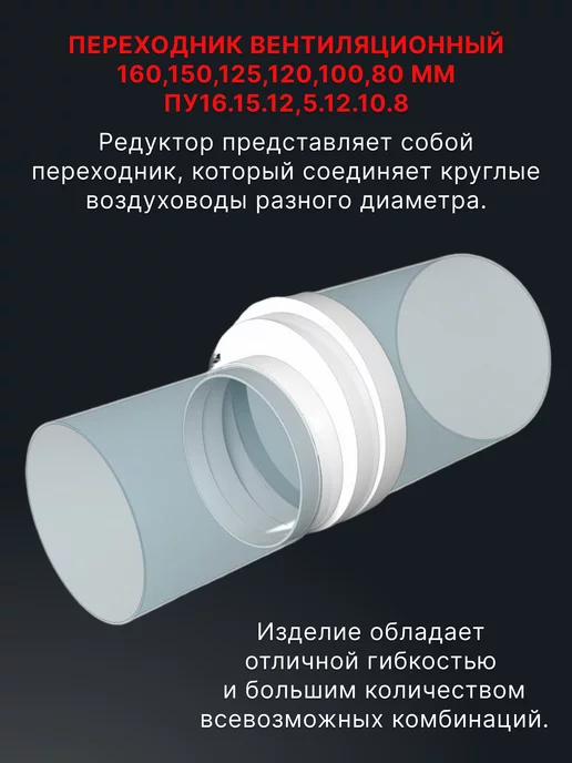 ERA Переходник вентиляционный 160,150,125,120,100,80 мм ПУ, белый, фото 7