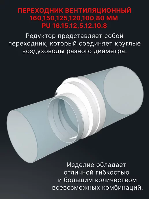 ERA Соединитель круглый редуктор 160,150,125,120,100,80 мм PU, белый, фото 4