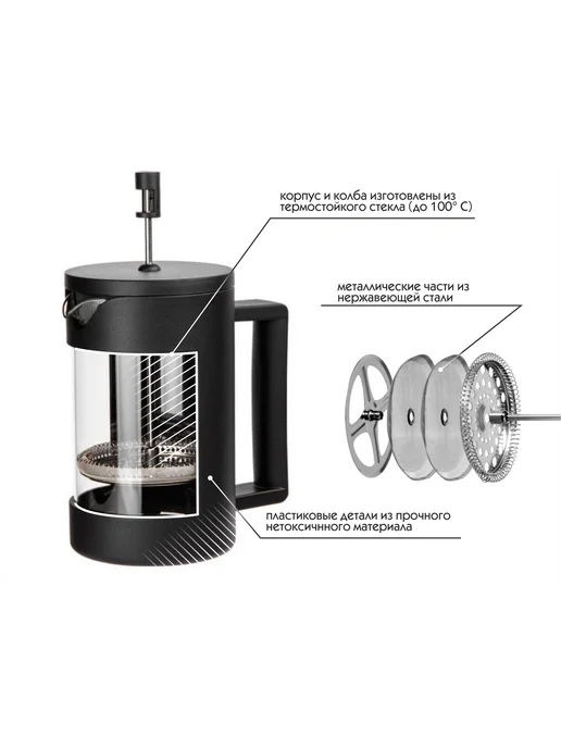 PERFECTO LINEA Френч-пресс черный чайник заварочный 800 мл, 800 мл, фото 4