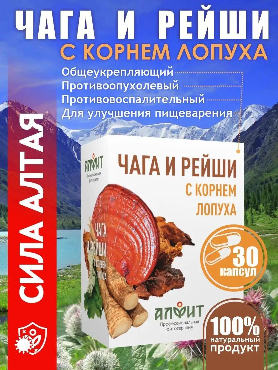 Чага и Рейши с корнем Лопуха в капсулах АЛФИТ 67094500 купить за 479 ₽ в  интернет-магазине Wildberries