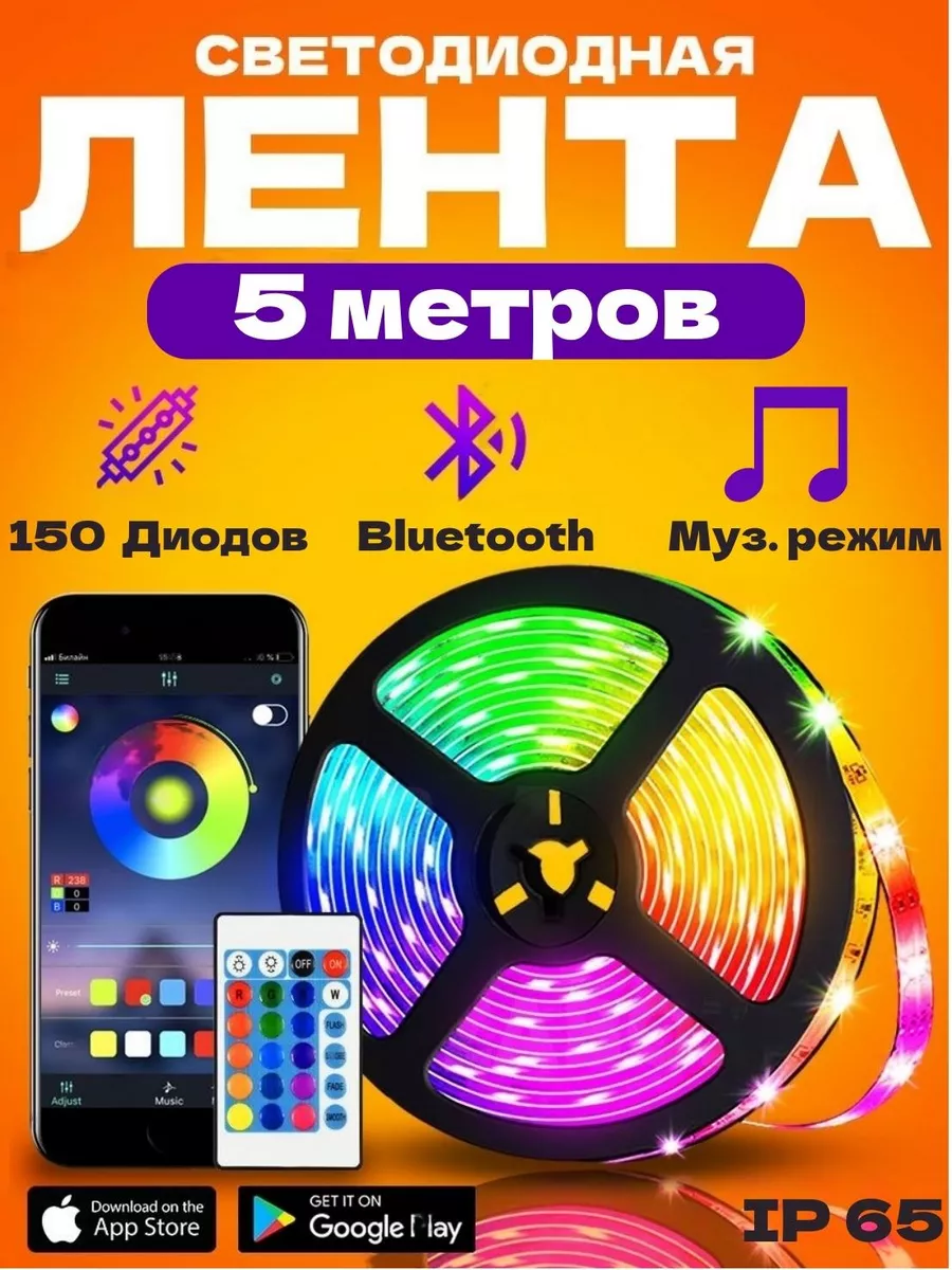 Светодиодная лента с пультом многоцветная 5 метров RGB led