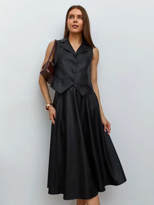 NARCISSE & MOLOKO APPAREL Юбка кожаная миди, черный, фото 3