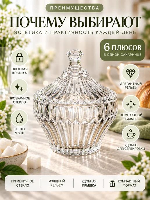GALEONTRADE Сахарница стеклянная с крышкой 350 мл, для сахара рельефная, 350 мл, фото 2