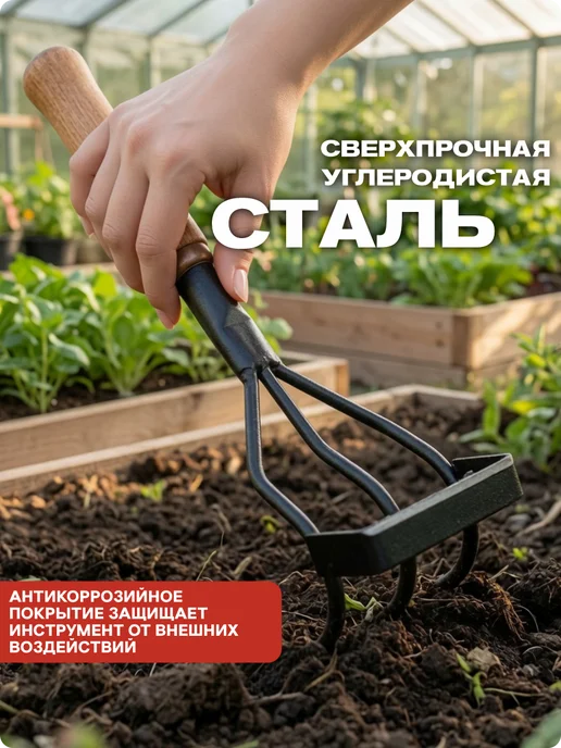 Урожайная сотка Рыхлитель садовый ручной маленький для огорода, черный, фото 4