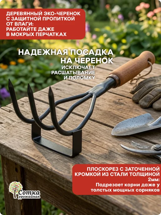 Урожайная сотка Рыхлитель садовый ручной маленький для огорода, черный, фото 5