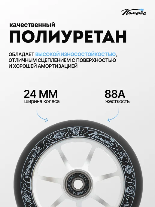 КОМЕТА экстрим Колесо на трюковой самокат 110 мм с подшипниками черное, черный, фото 2
