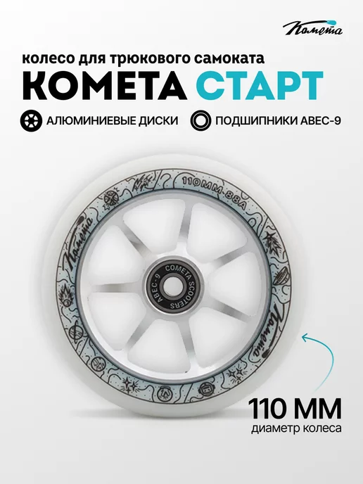 КОМЕТА экстрим Колесо на трюковой самокат 110 мм с подшипниками черное, белый