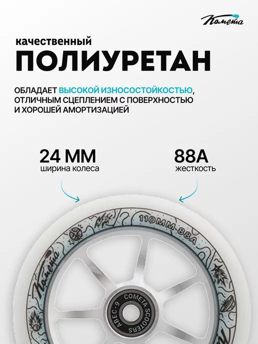 КОМЕТА экстрим Колесо на трюковой самокат 110 мм с подшипниками черное, белый, фото 2