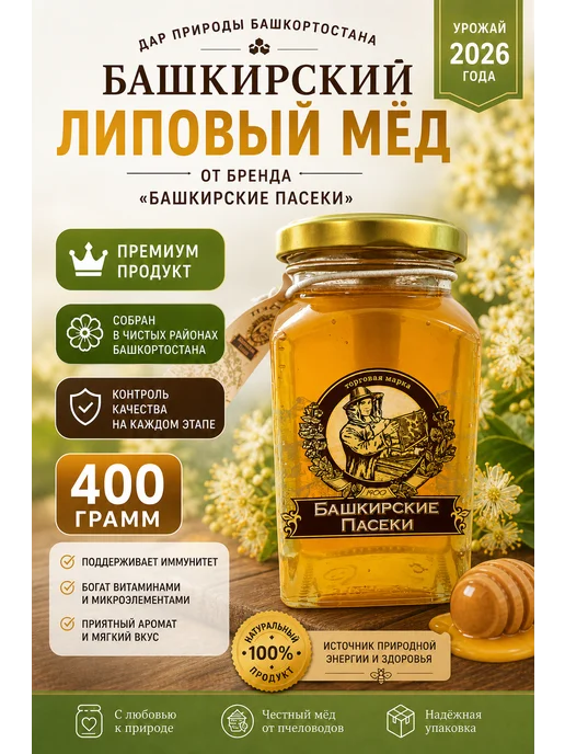 Башкирские пасеки Мед башкирский липовый натуральный свежий 400 гр, 400 г