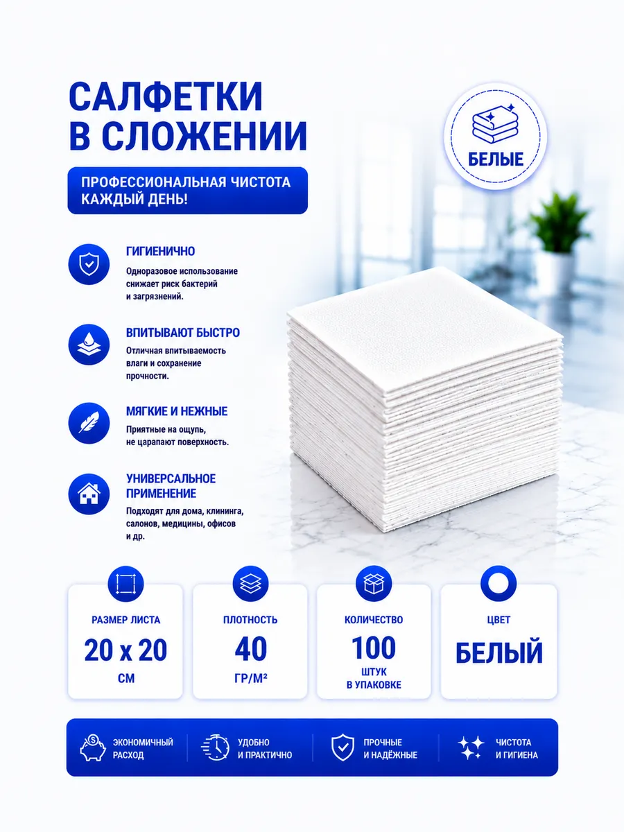 Салфетки одноразовые в сложении 40 г/м2 20х20 см. - 100 шт.
