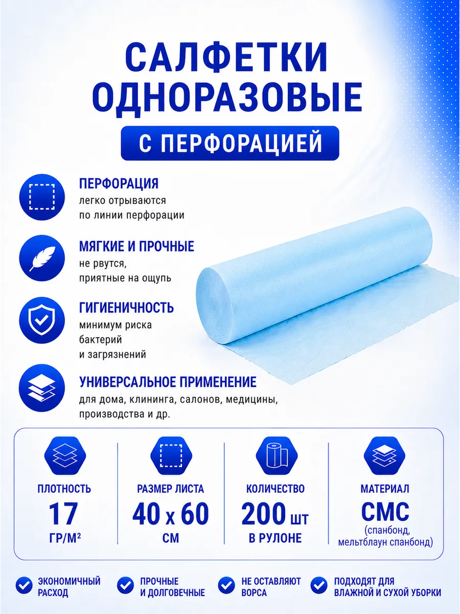 Салфетки одноразовые в рулоне 17 гр/м2 40*60 см. 200 шт.