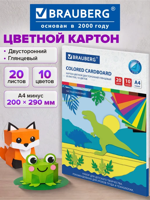 Brauberg Цветной картон для школы набор А4 двусторонний 20 л 10 цв, 20 л