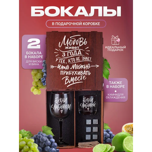 Набор бокалов с надписью для виски и вина 2 штуки