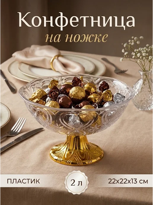 Доляна Конфетница пластиковая на ножке 2 л, 22х22х13 см, 22x13 см, 2 л