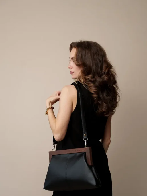 LOOK UNUSUAL Сумка клатч на плечо кросс-боди деревянная ручка, черный, фото 7