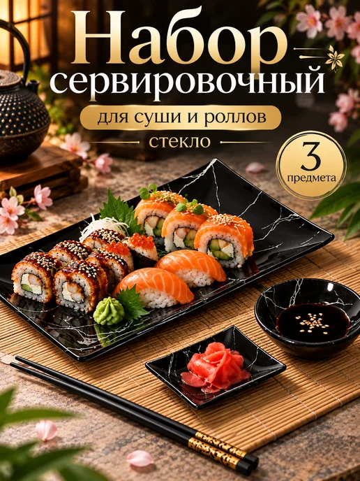 Набор сервировочной посуды для суши и роллов, 3 предмета, черный