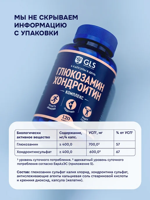 GLS pharmaceuticals Глюкозамин Хондроитин GLS, бад для суставов и связок, вариант, фото 6