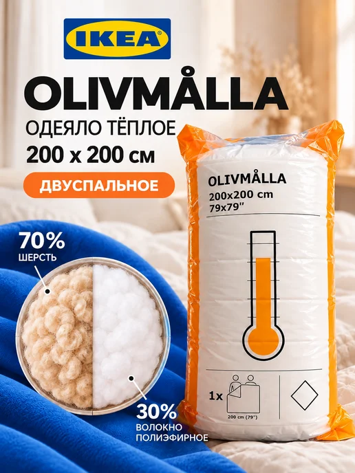 IKEA Одеяло OLIVMÅLLA двуспальное 200х200 теплое, 200x200